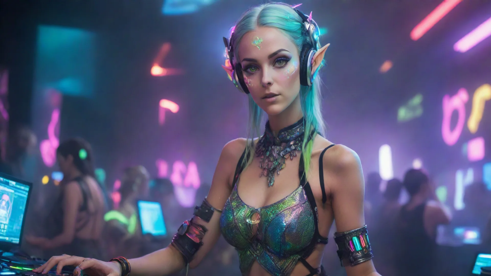 artstation art high elf woman dj at a rave with lots of fluorescent elements confident engaging wow 3 wide