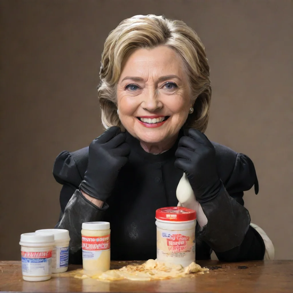 artstation art hillary clinton smiling with black gloves and gun  and mayonnaise splattered everywhere confident engaging wow 3