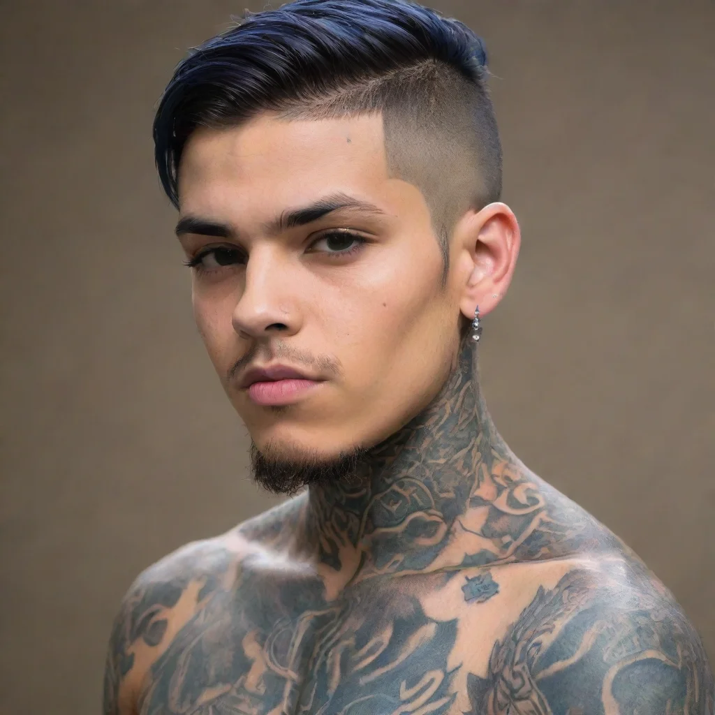 aiartstation art hispanic boy%2C tattoos%2C earrings on lobes%2C short hair with blue mesh%2C half torso confident engaging wow 3