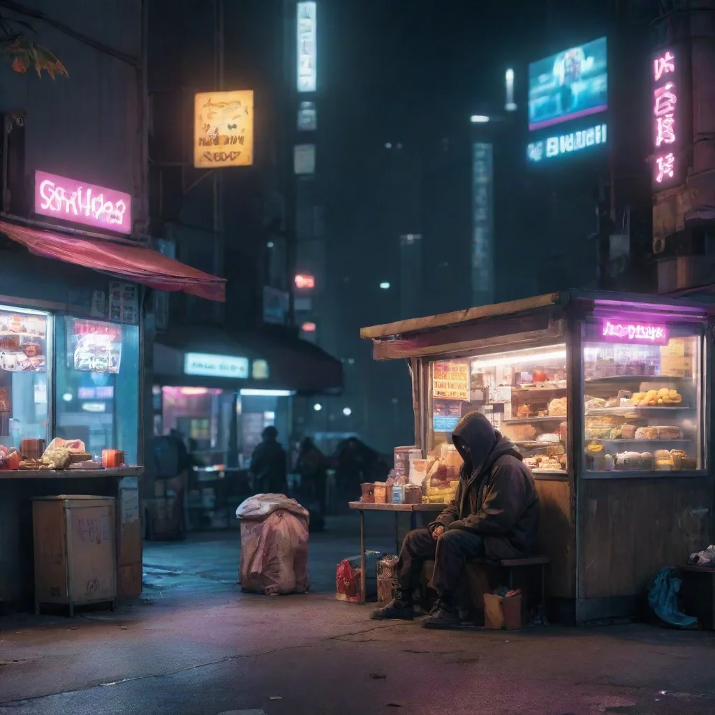 aiartstation art homeless person in cyberpunk city at night%2C next to a food stand confident engaging wow 3