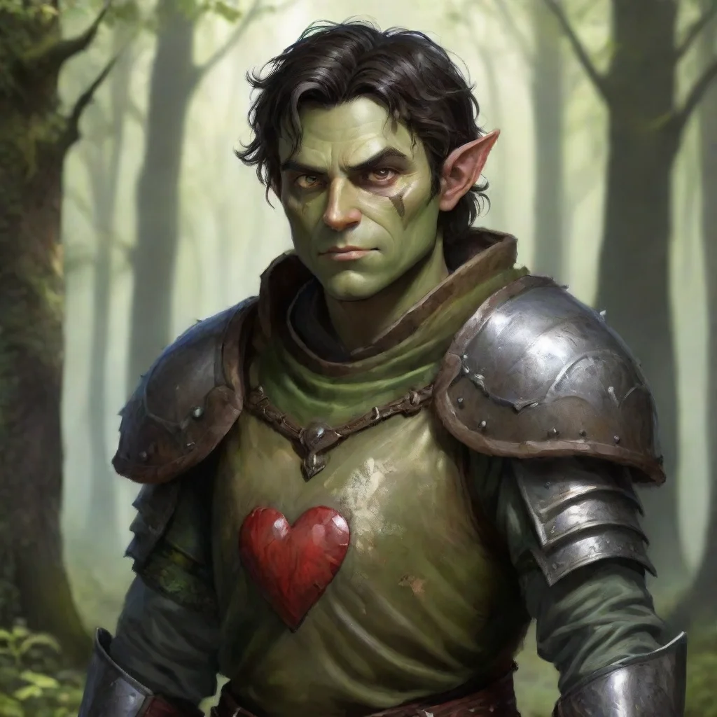 aiartstation art human gobling%2C with slightly green skin%2C dark hair%2C hazel eyes%2C sharp jawline%2C heart shaped face. dressed in a forrest inspired armor confident engaging wow 3