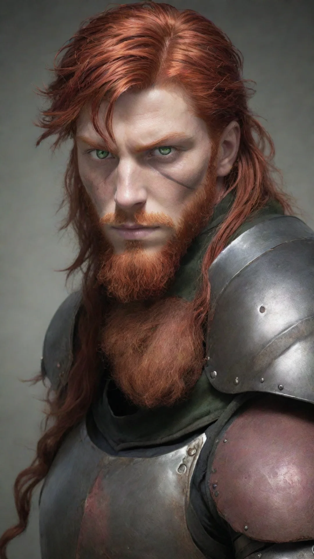 aiartstation art human male fighter%2C green eyes%2C  red head hair%2C wearing armor%2C eye scar confident engaging wow 3 tall