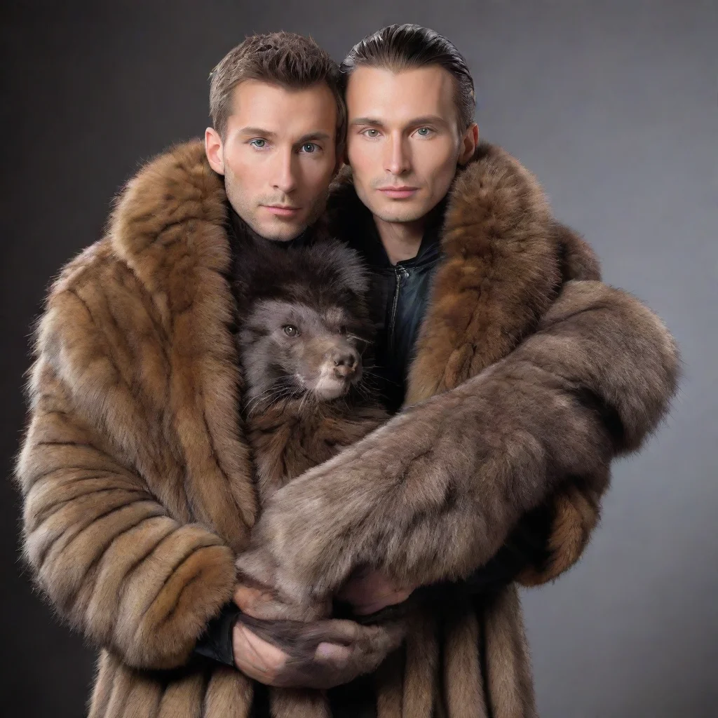 aiartstation art human male smothered in wrappings of realistic mink fur while a pair of minks hold him  confident engaging wow 3