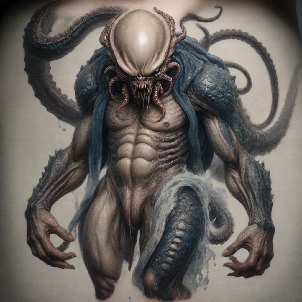 artstation art hyper realistic epic cthulhu monster xenomorph pelvic floor muscular wet slithery with hokusai tattoos character art zbr confident engaging wow 3