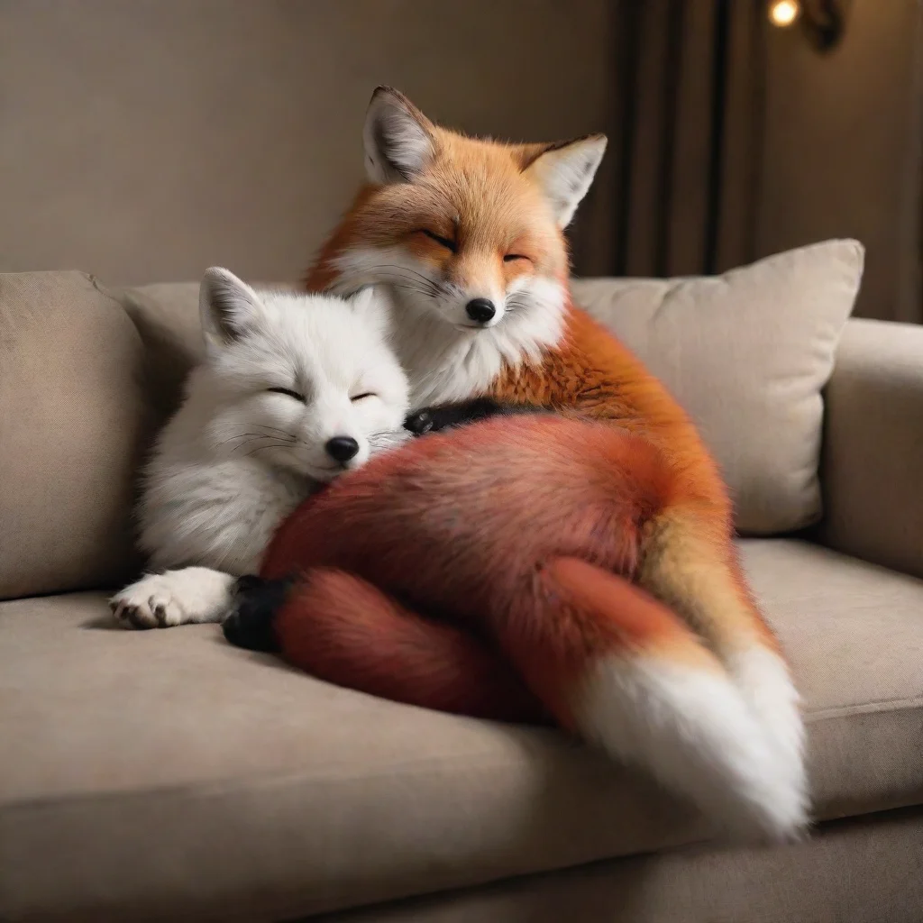 aiartstation art hyper realistic red arctic fox  anthro sitting on a couch petting a human thats fallen asleep in it%27s lap confident engaging wow 3