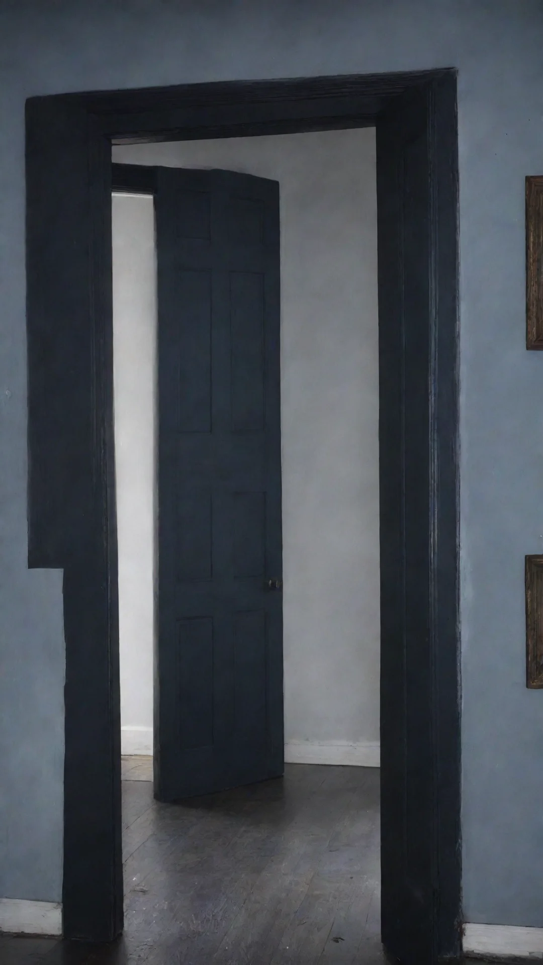 aiartstation art i want a dark blue room%2C with multiple black doors%2C and one that is white which is slightly open and gives a glimpse into heaven confident engaging wow 3 tall