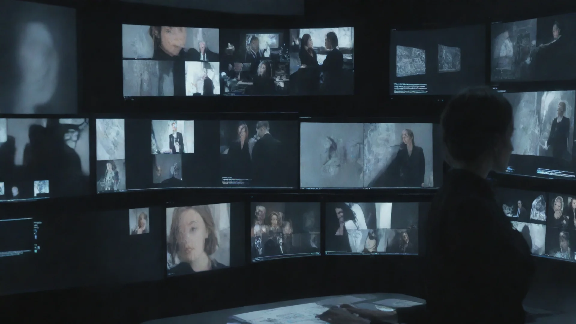 artstation art image of a multi screen desktop with ai hollowgram images being operated by an lady agent in  a black suit confident engaging wow 3 wide