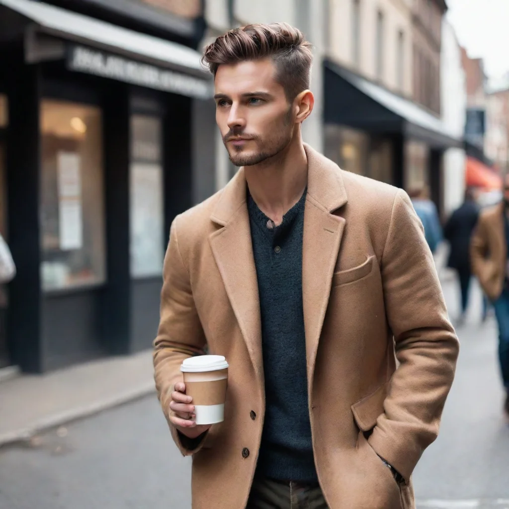 aiartstation art image of male model walking in the street%2C with a street style%2C cinematic holding a coffee confident engaging wow 3