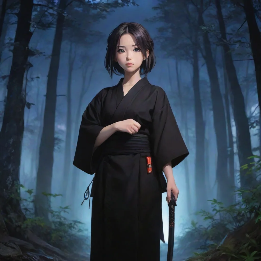 artstation art japanese anime girl with katana wearing black yukata night forest background confident engaging wow 3