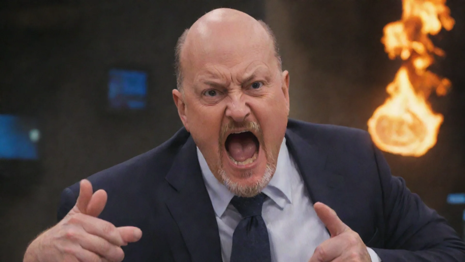 aiartstation art jim cramer screaming at a blazing bitcoin confident engaging wow 3 wide
