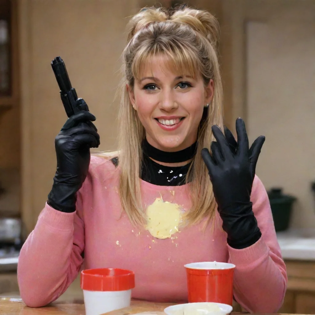 artstation art jodie sweetin as stephanie tanner from full house smiling with black nitrile gloves and gun and mayonnaise splattered everywhere confident engaging wow 3