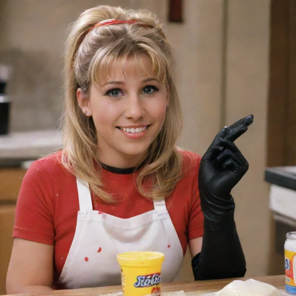 artstation art jodie sweetin as stephanie tanner from full house smiling with black ultra nitrile gloves and gun and mayonnaise splattered everywhere confident engaging wow 3