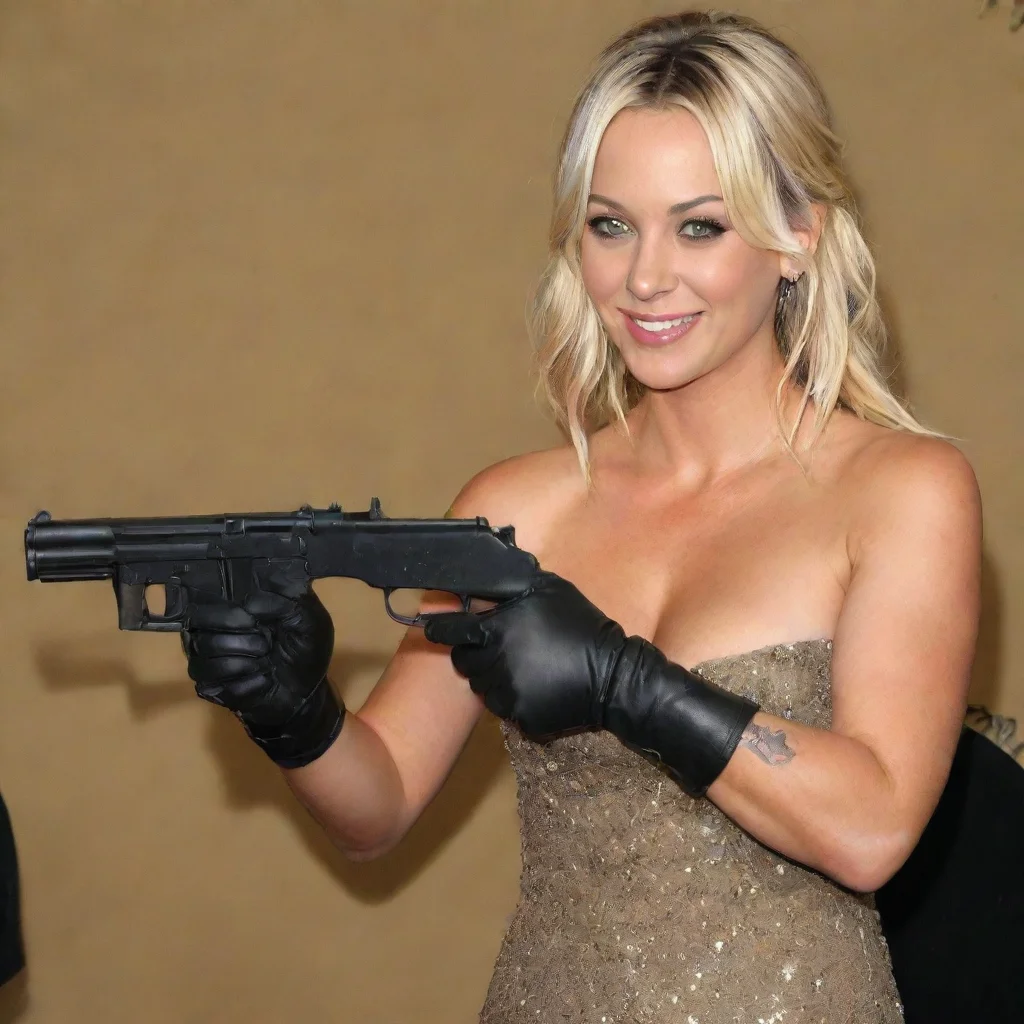 aiartstation art kaley  cuoco actress smiling at the 2013 emmy awards with   nitrile black gloves firing mayonnaise  at a shooting range with a  ak 47 confident engaging wow 3
