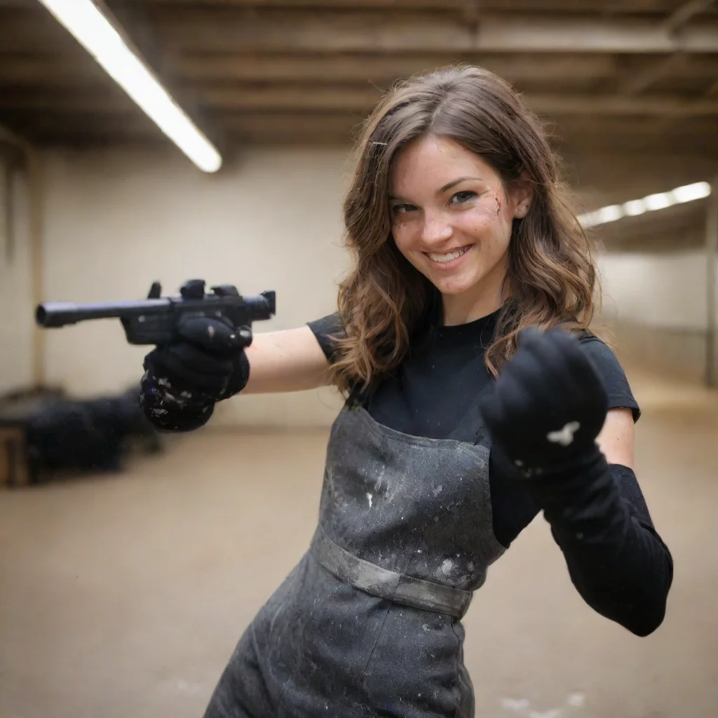 aiartstation art katherine norland smiling with black gloves and  gun shooting and splattering mayonnaise everywhere at a shooting range confident engaging wow 3