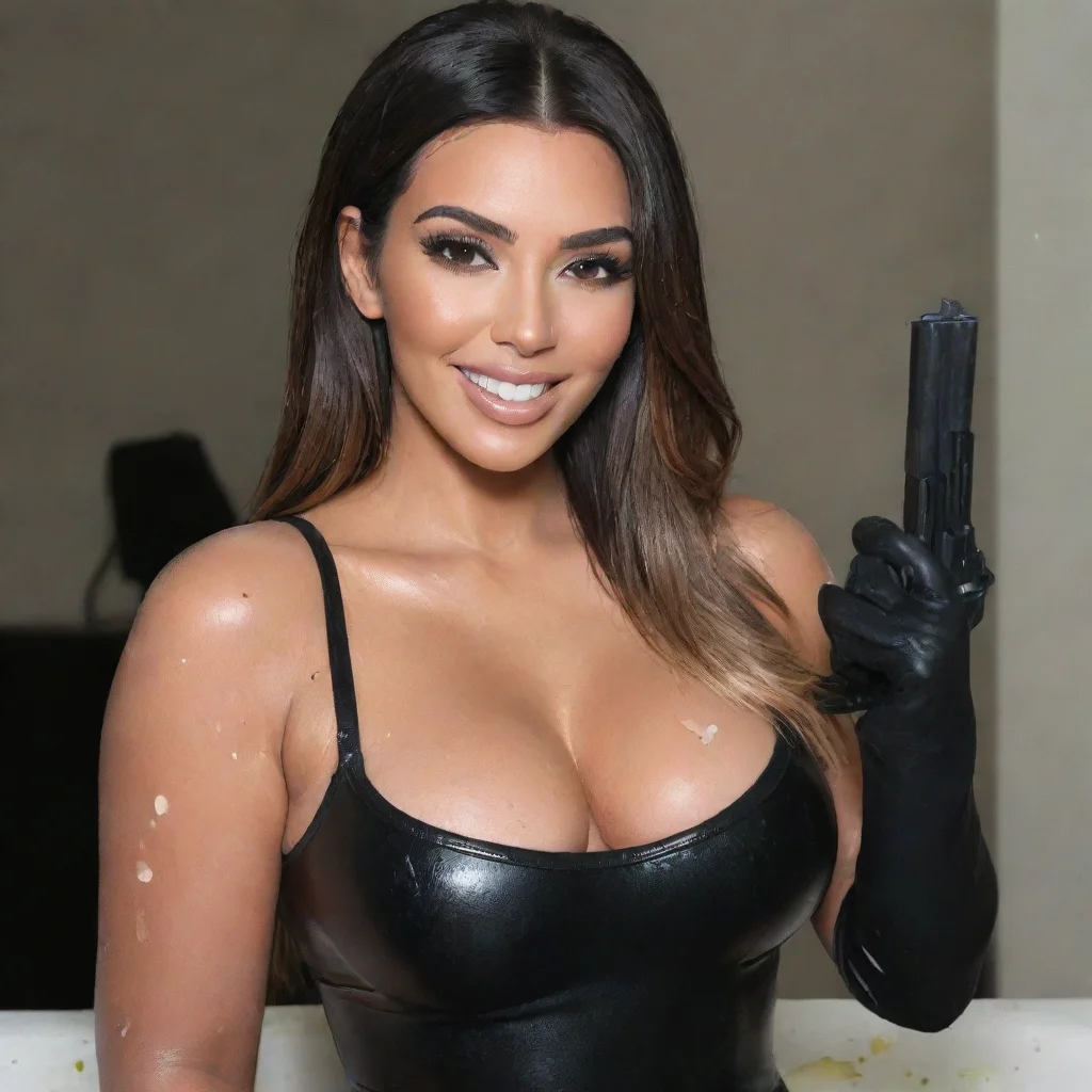 artstation art kim kardashian  smiling  with black nitrile gloves and gun  and  mayonnaise splattered everywhere confident engaging wow 3