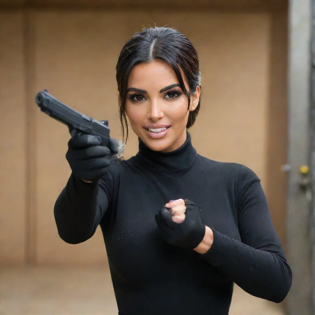 artstation art kim kardasian smiling with black gloves and  gun shooting and splattering mayonnaise everywhere at a shooting range confident engaging wow 3