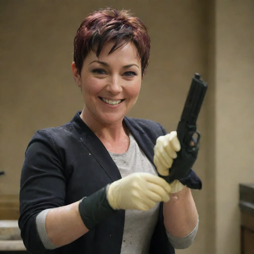 aiartstation art kim rhodes as carey martin smiling with nitrile gloves and gun and mayonnaise splattered everywhere confident engaging wow 3