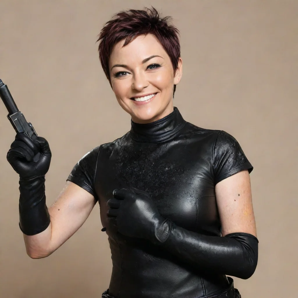 aiartstation art kim rhodes smiling with black deluxe gloves and gun and mayonnaise splattered everywhere confident engaging wow 3
