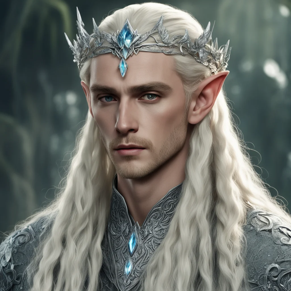 aiartstation art king thranduil with blond hair and braids wearing silver flower serpentine sindarin elvish circlet encrusted with diamonds with large center diamond  confident engaging wow 3