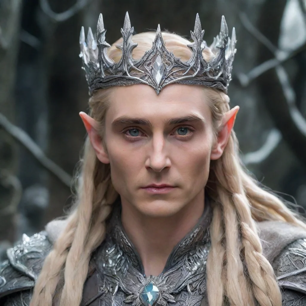 artstation art king thranduil with blonde hair and braids wearing silver elk figurines encrusted with diamonds forming a silver elvish circlet with large center diamond  confident engaging wow 3.web