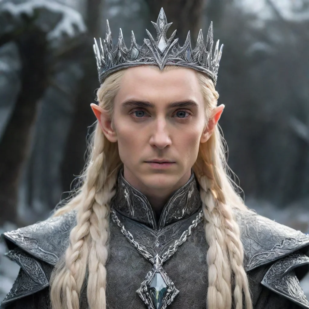 artstation art king thranduil with blonde hair and braids wearing silver elk figurines encrusted with diamonds forming a silver elvish coronet with large center diamond  confident engaging wow 3.web