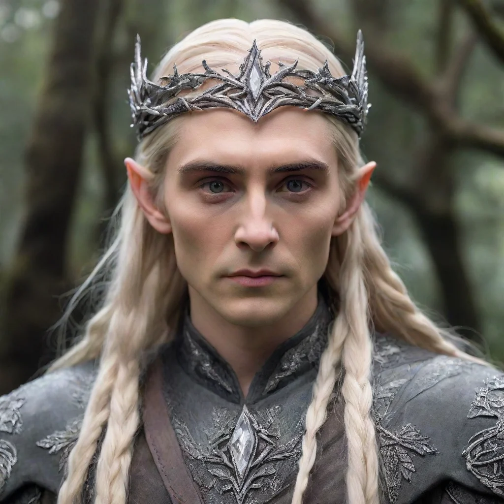 artstation art king thranduil with blonde hair and braids wearing silver twig and silver leaf encrusted with diamonds to form a silver elvish circlet with large center diamond  confident engaging wo