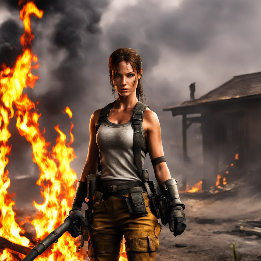 aiartstation art lara croft as a fire fighter%2C burning house on the background confident engaging wow 3