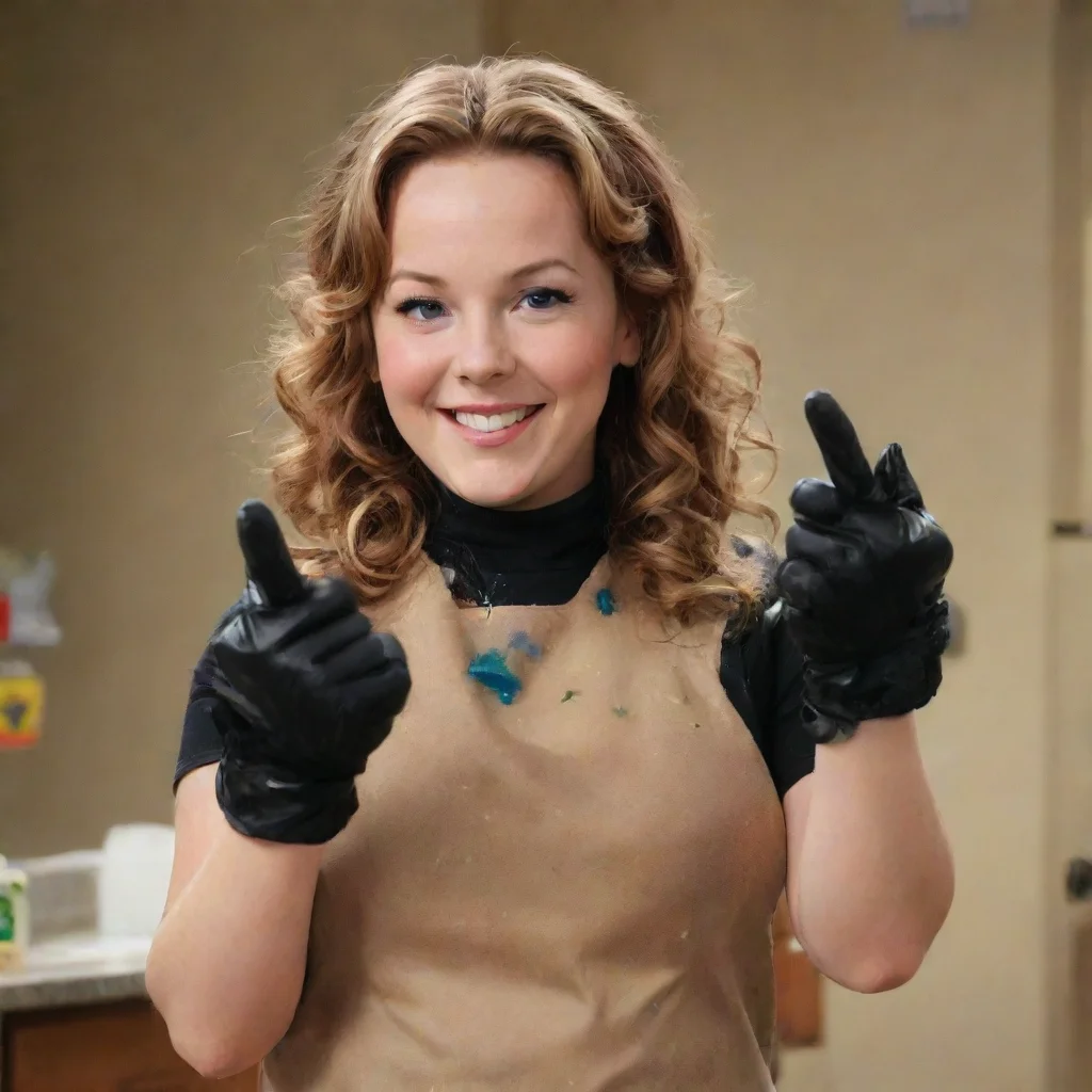 aiartstation art leigh ann baker as amy duncan from good luck charlie  smiling with black nitrile gloves and gun and mayonnaise splattered everywhere confident engaging wow 3