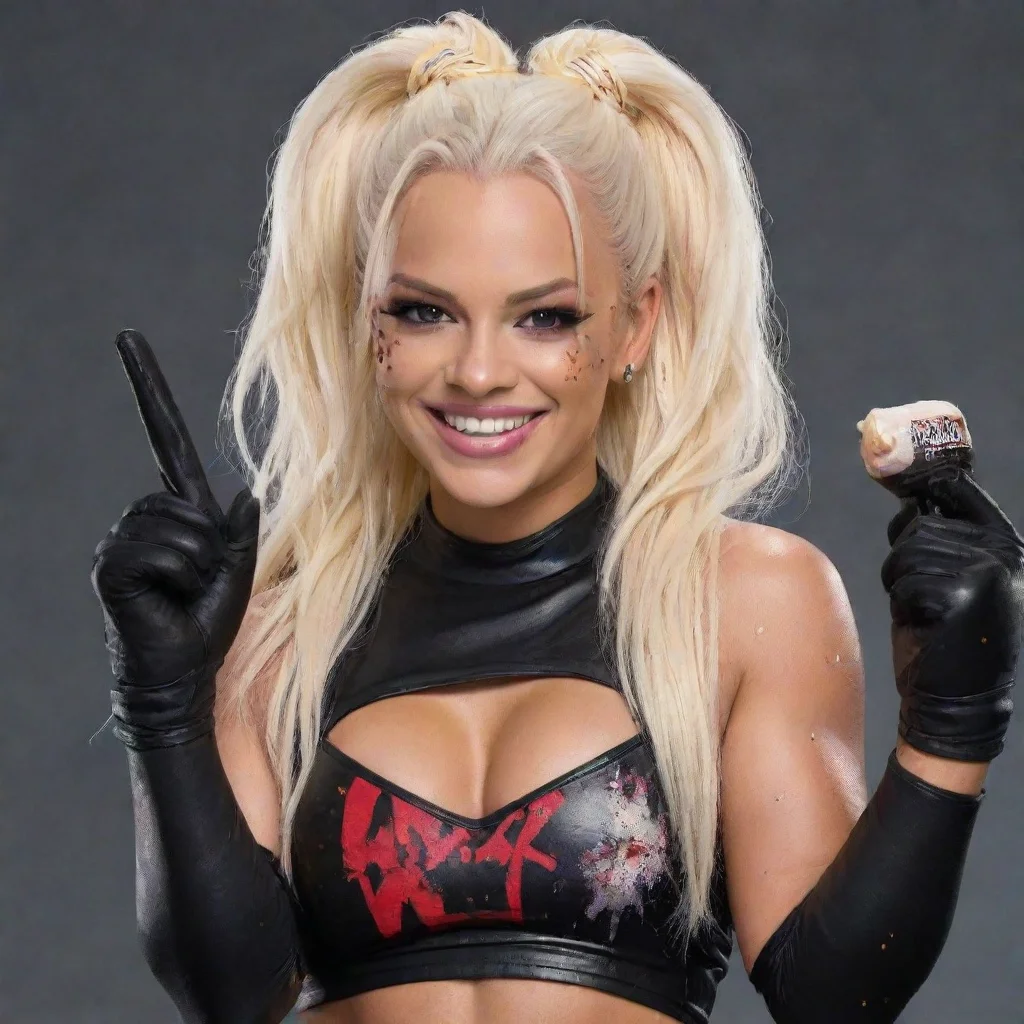 artstation art liv morgan wwe smiling with black deluxe gloves and gun and mayonnaise splattered everywhere confident engaging wow 3