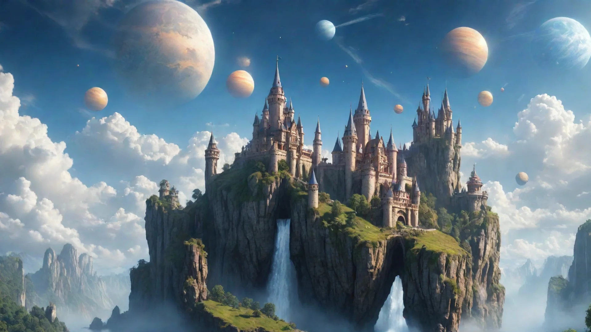 artstation art logo saying stable diffusion   peaceful castle in sky epic floating castle on floating cliffs with waterfalls down beautiful sky with saturn planets confident engaging wow 3 wide