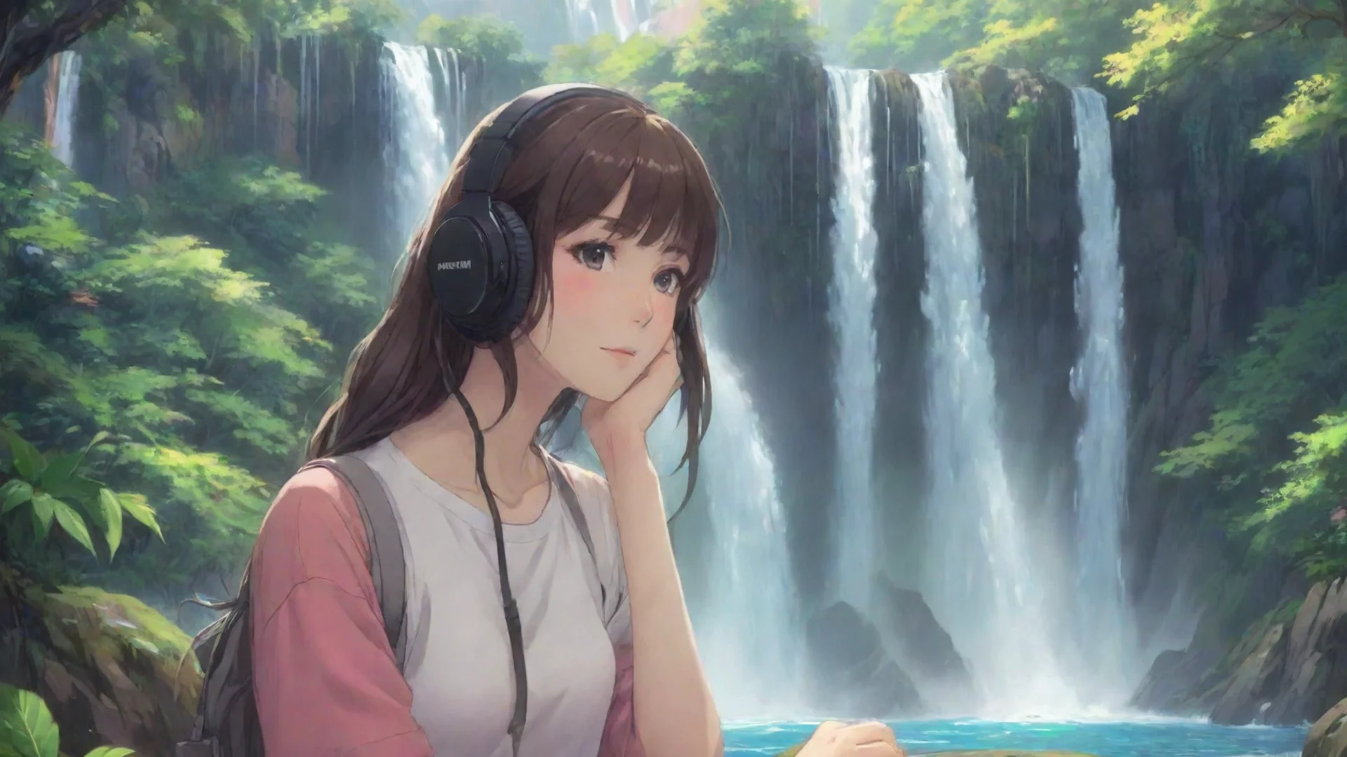 artstation art lowfi relaxing calming chill girl with headphones on colorful chilling relaxing with lush wonderful environment waterfalls rainbows hd anime confident engaging wow 3 wide