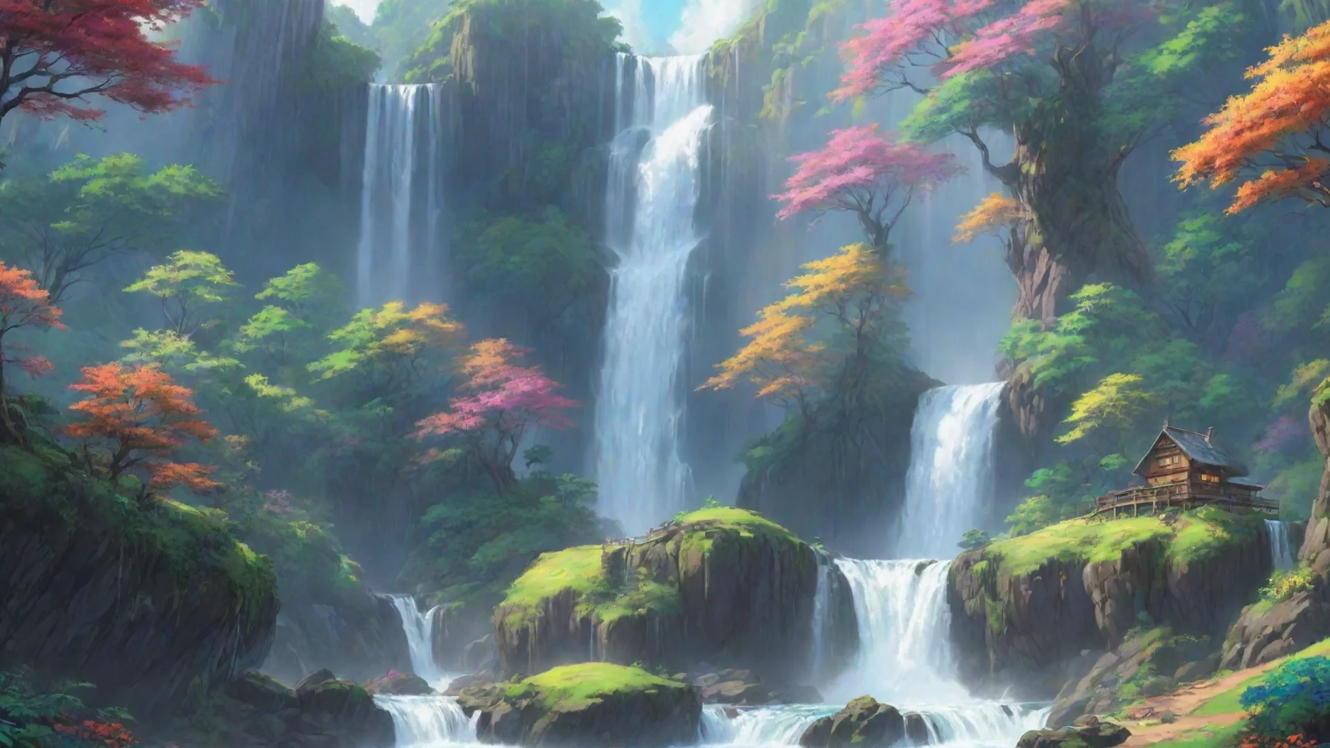 aiartstation art lowfi relaxing calming on colorful chilling relaxing with lush wonderful environment waterfalls rainbows hd ghibli fantasy fantastic confident engaging wow 3 wide