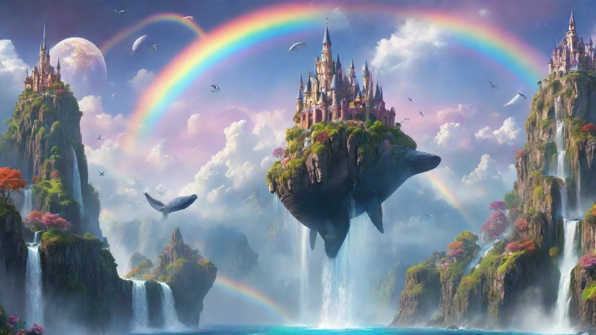 artstation art magical world flying whale castle in skky planets waterfall rainbow aesthetic omg colorful  confident engaging wow 3 wide