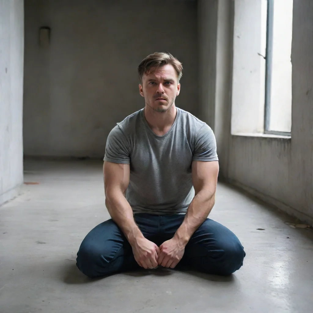 aiartstation art man sitting on the floor%2C visibly distraught%2C clenched fists%2C looking at the camera%2C inside a concrete room with a window fantastic confident engaging wow 3