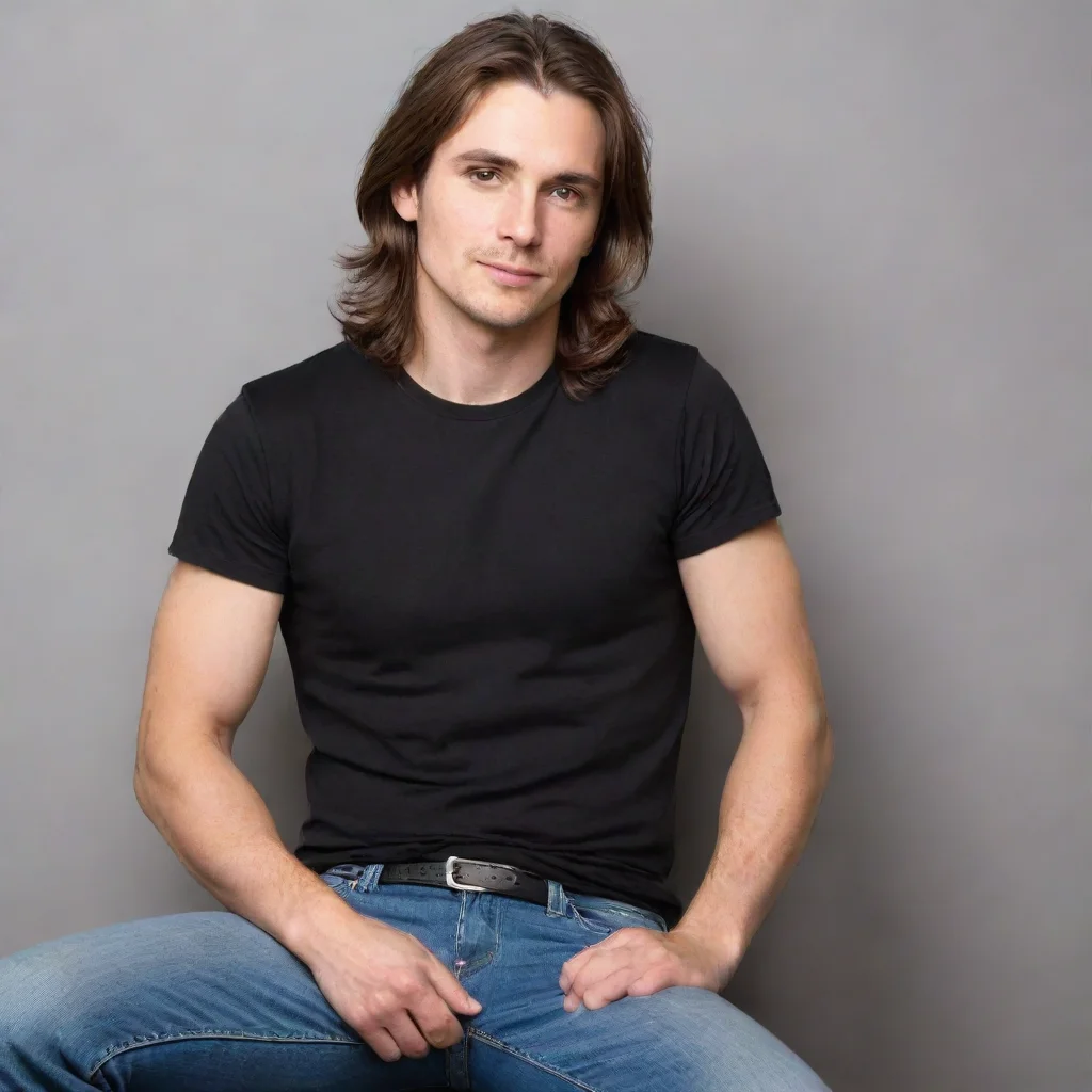 aiartstation art man with brown hair%2C brown eyes%2C black t shirt%2C and jeans sitting%2C long hair%2C tummy%2C tight shirt%2C narrow waist confident engaging wow 3