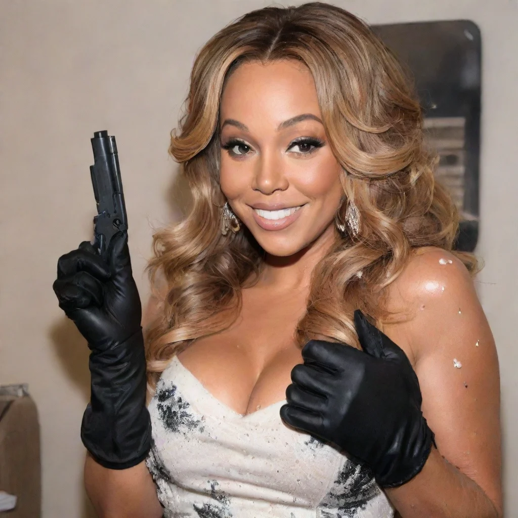 artstation art mariah carey smiling with black gloves and gun  and mayonnaise splattered everywhere confident engaging wow 3