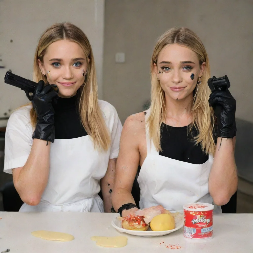 artstation art mary kate and ashley olsen  smiling  with black nitrile gloves and gun and mayonnaise splattered everywhere confident engaging wow 3