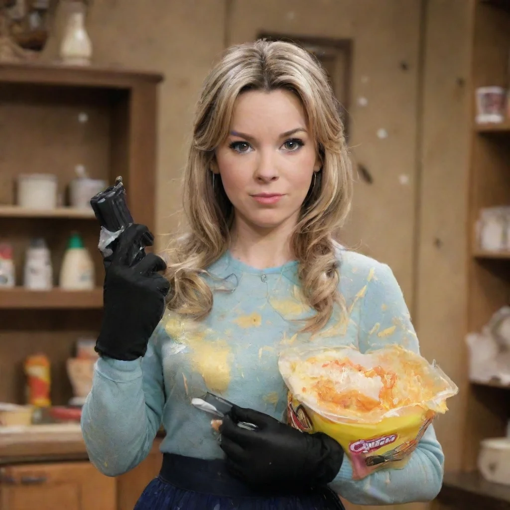 artstation art mary scheer actress as mrs. benson from icarly  with black gloves and gun and mayonnaise splattered everywhere confident engaging wow 3
