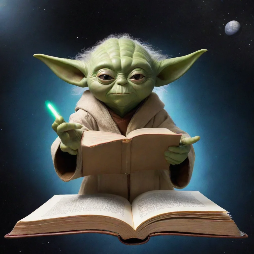 aiartstation art master yoda flies through space on a book confident engaging wow 3