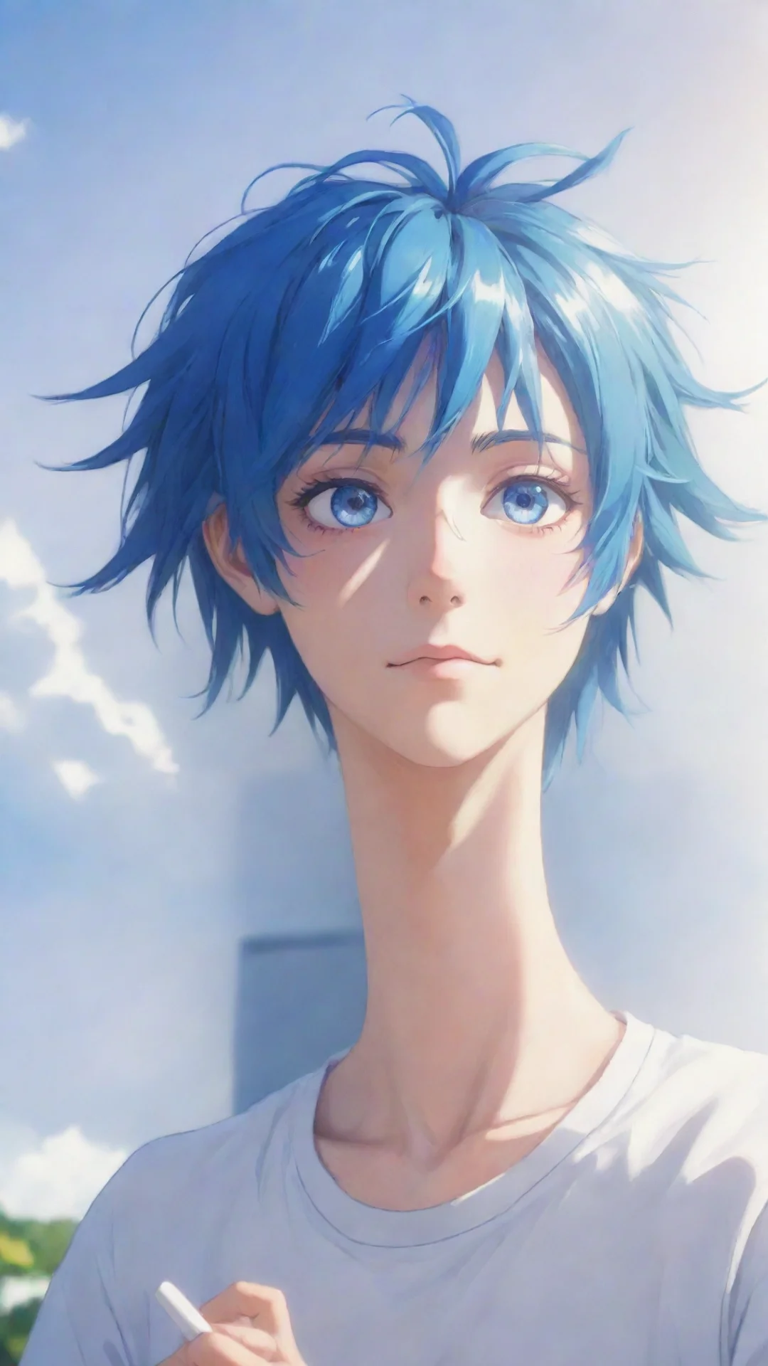 aiartstation art math sunlight simple anime boy blue hair bright blue eyes confident engaging wow 3 tall