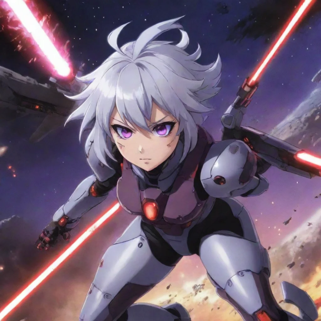 aiartstation art mecha pilot purple red eyes short silver hair anime space background battlecruiser lasers explosions fighting confident engaging wow 3