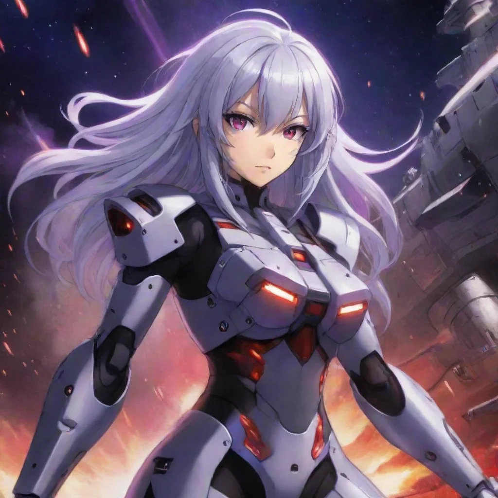 aiartstation art mecha pilot purple red eyes shorter silver hair anime space background lasers explosions battlecruiser confident engaging wow 3