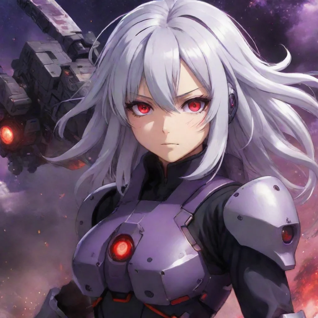 aiartstation art mecha pilot purple red eyes silver hair anime space background explosions confident engaging wow 3