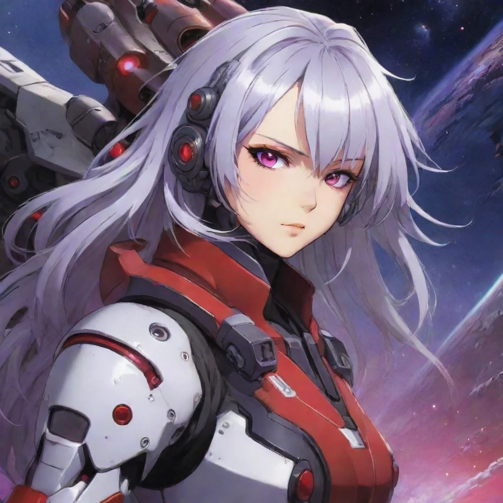 aiartstation art mecha pilot red purple eyes silver hair anime space background confident engaging wow 3