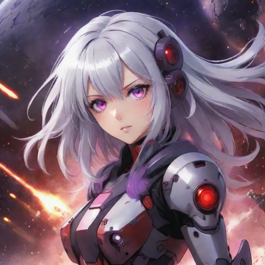 aiartstation art mecha pilot red purple eyes silver hair anime space background explosions confident engaging wow 3