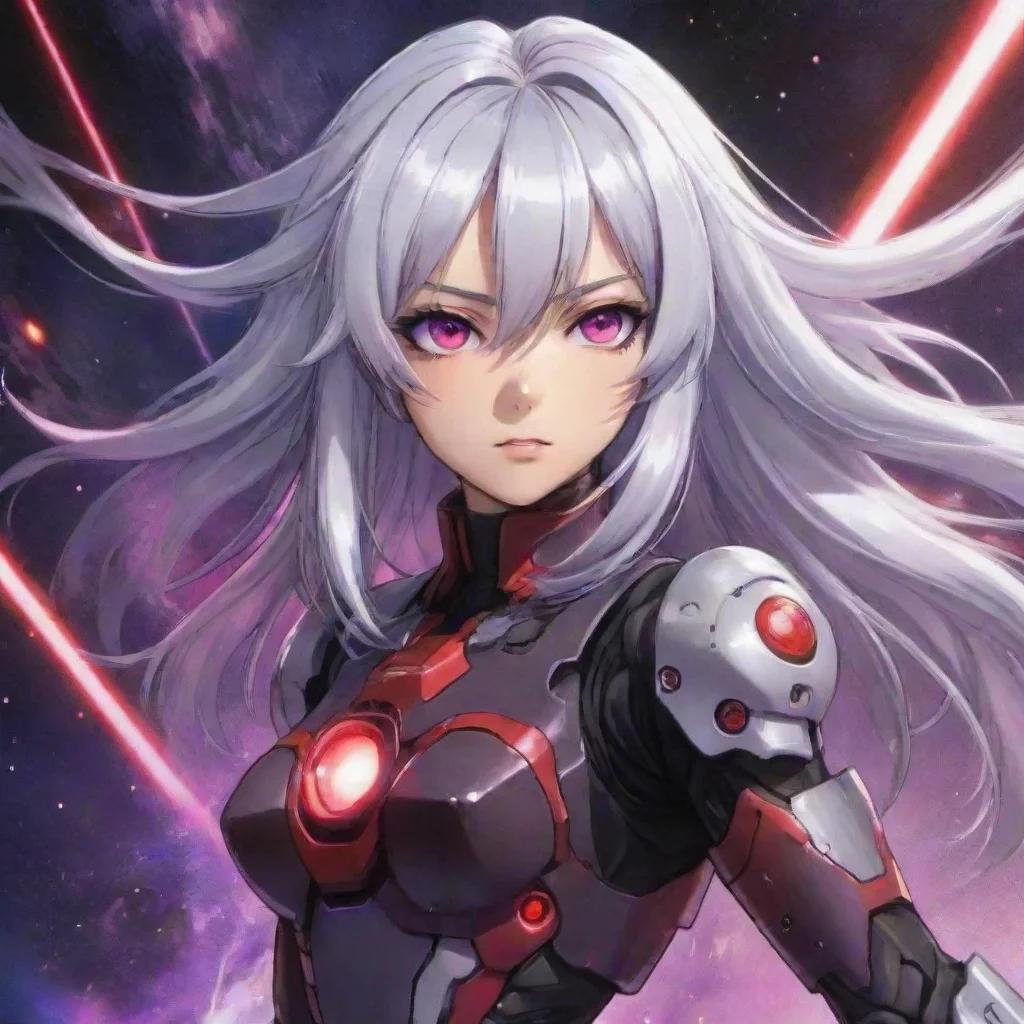 aiartstation art mecha pilot red purple eyes silver hair anime space background lasers explosions confident engaging wow 3