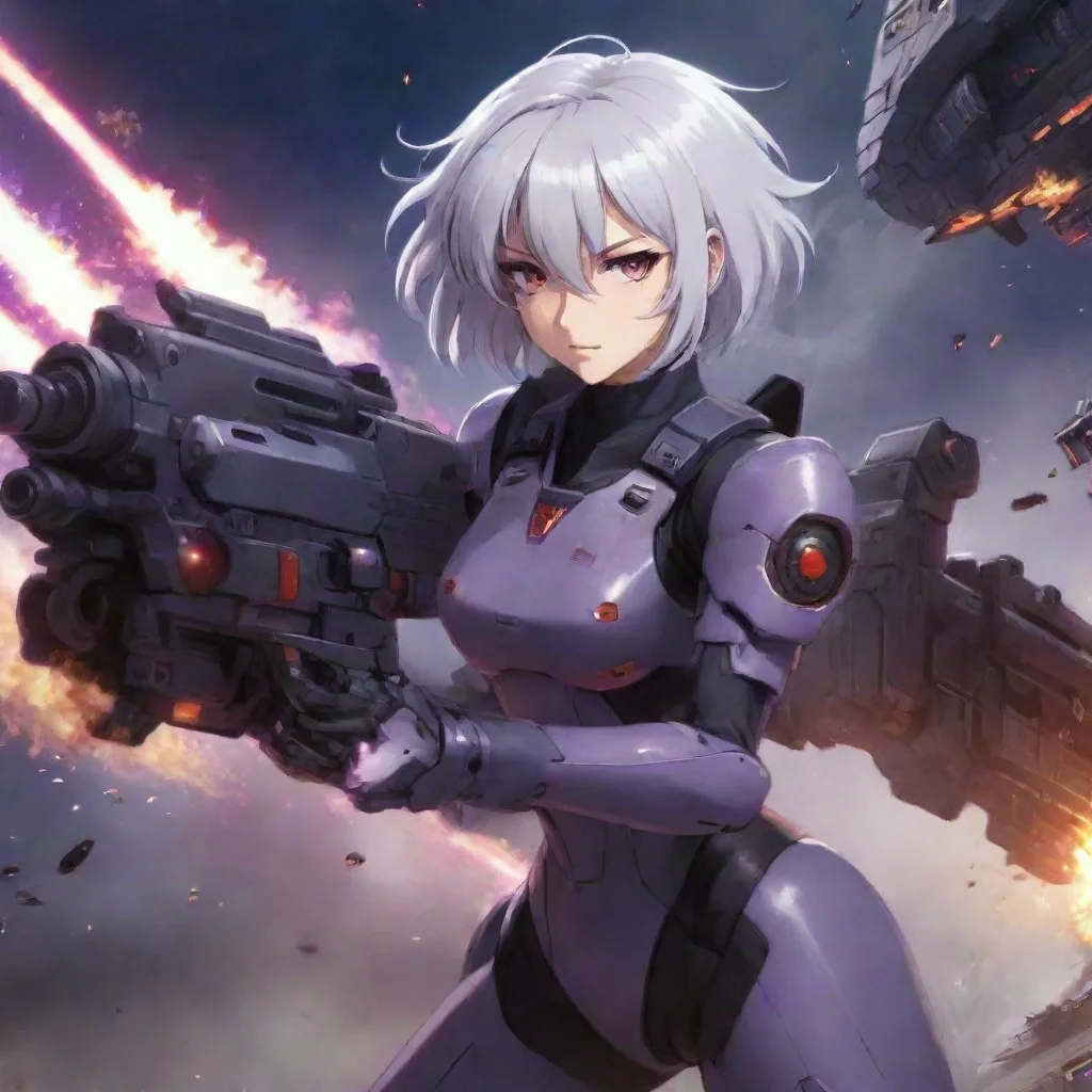 aiartstation art mecha pilot with gun%2C purple red eyes%2C short silver hair%2C anime space background%2C battleship%2C fighting%2C explosions%2C lasers confident engaging wow 3