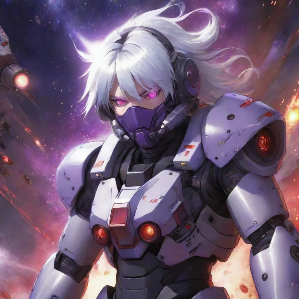 aiartstation art mecha pilot with helmet and spacesuit silver hair red purple eyes anime space background lasers explosions spaceship fighting confident engaging wow 3