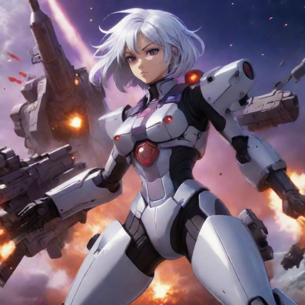 aiartstation art mecha pilot with rocket launcher%2C short silver hair%2C purple red eyes%2C anime space background%2C battleship%2C lasers%2C explosions%2C fighting confident engaging wow 3