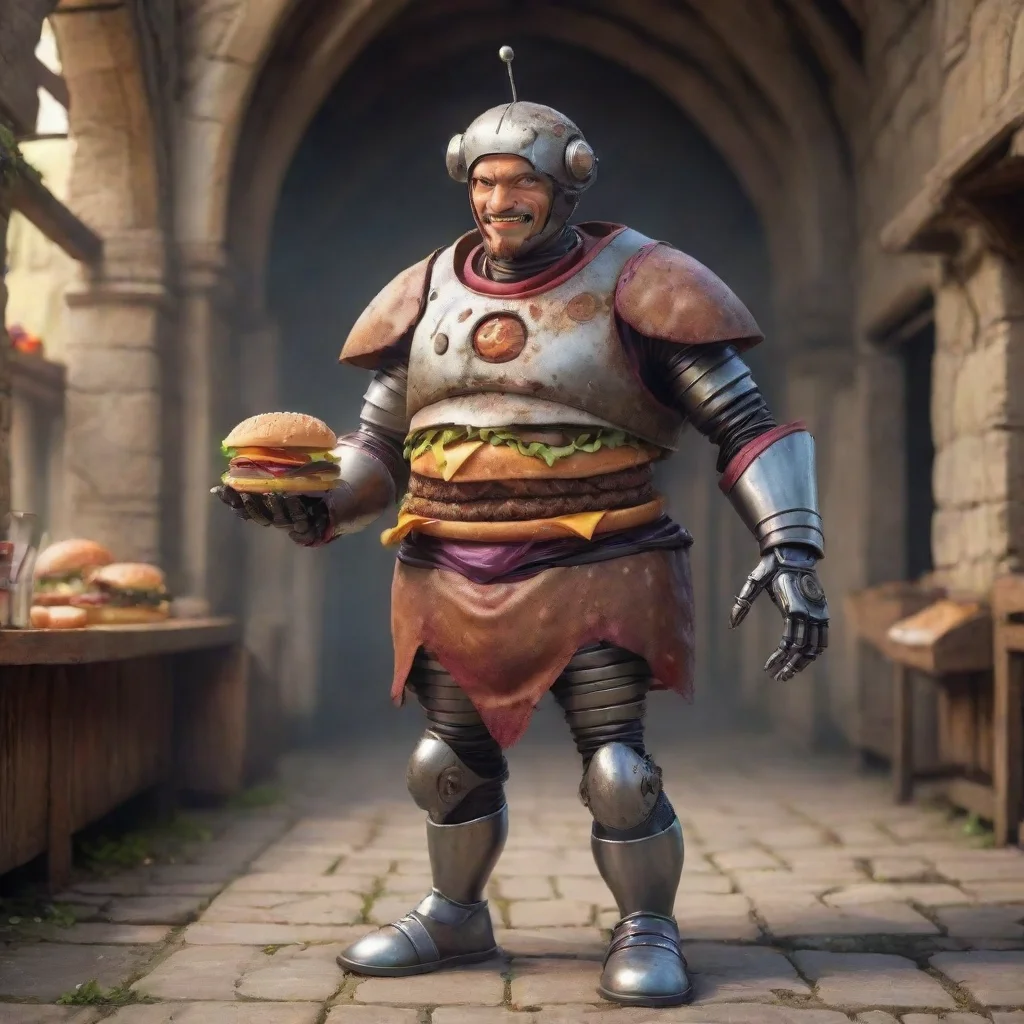 aiartstation art medieval cyborg cartoon hamburger man confident engaging wow 3